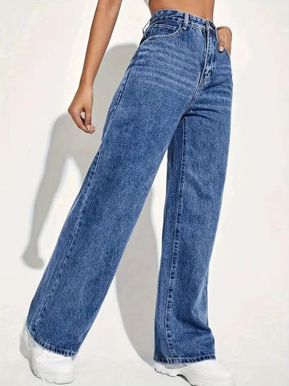 Women Fashion Casual Solid Color High Waist Jeans