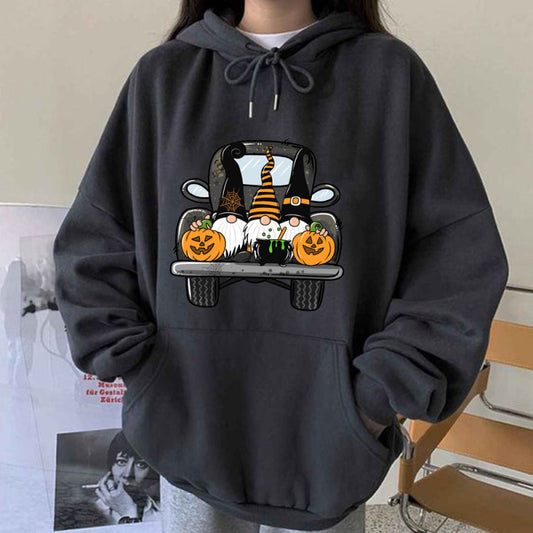 Women Cartoon Halloween Truck Pumpkin Gnome Print Hoodie