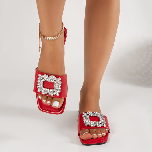 Women Fashion Casual Solid Color Rhinestone Buckle Flat Slippers