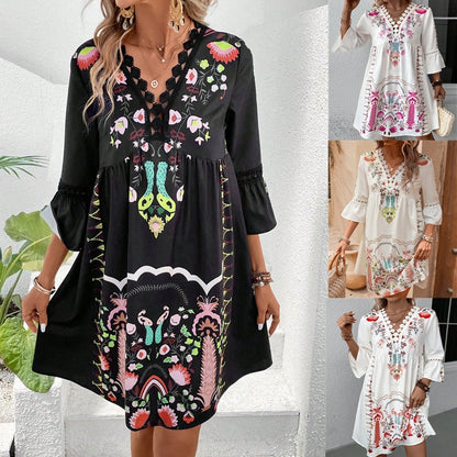 Bohemian Women Casual V-Neck Lace-Patchwork Printed Dress