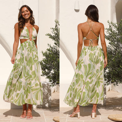 Vacation Women Fashion V-Neck Backless Maxi Dress