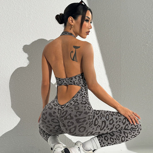 Seamless Leopard Printed Women Tight Halter Neck Yoga Jumpsuits