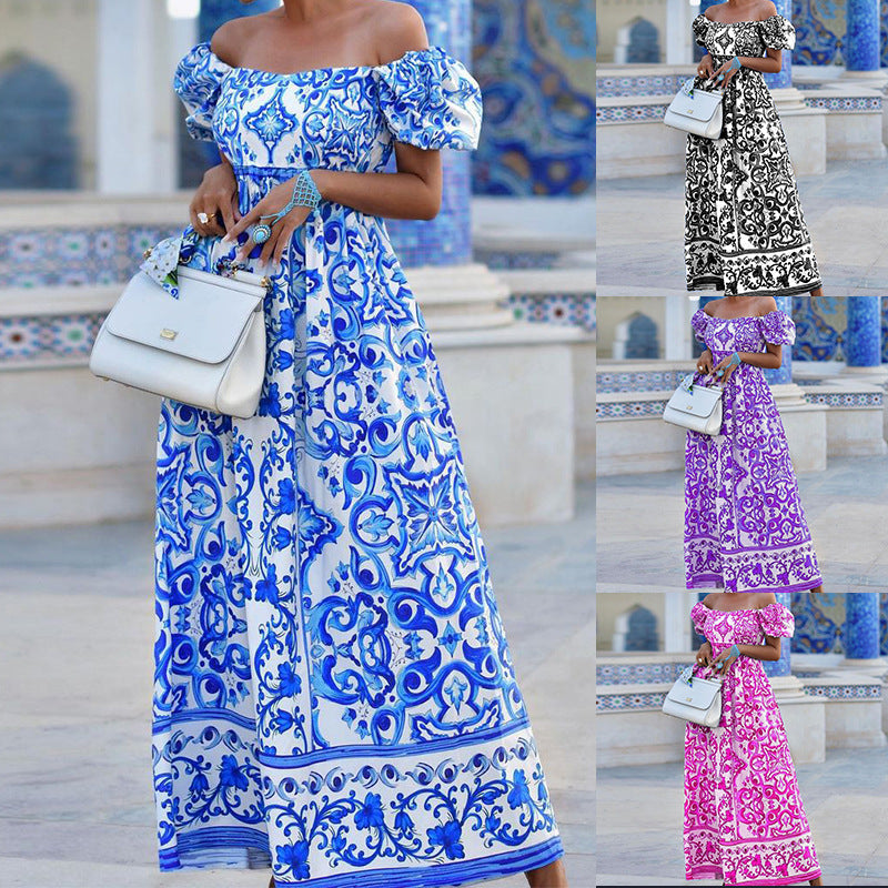 Fall Spring Fashion Elegant Women Off-Shoulder Bohemian Maxi Dress