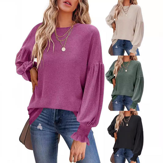 Women Fashion Casual Round Neck Lantern Sleeve Blank T-Shirt