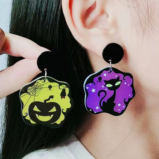 Halloween Women'S Acrylic Pumpkin Witch Cat Earrings
