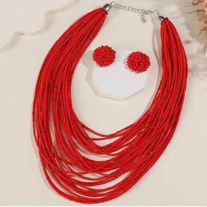 Conjunto de collar y pendientes con cuentas de arroz multicapa estilo bohemio para mujer