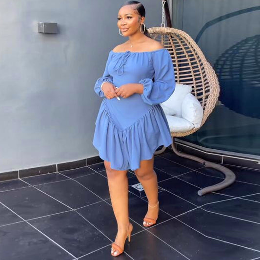 Women Fashion Solid Color Shoulder Long Sleeve Dress