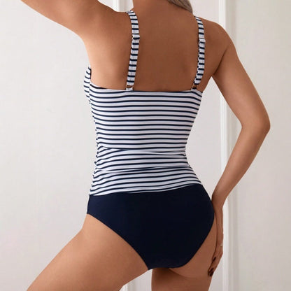 Maillot de bain tankini à rayures et col en V pour femme