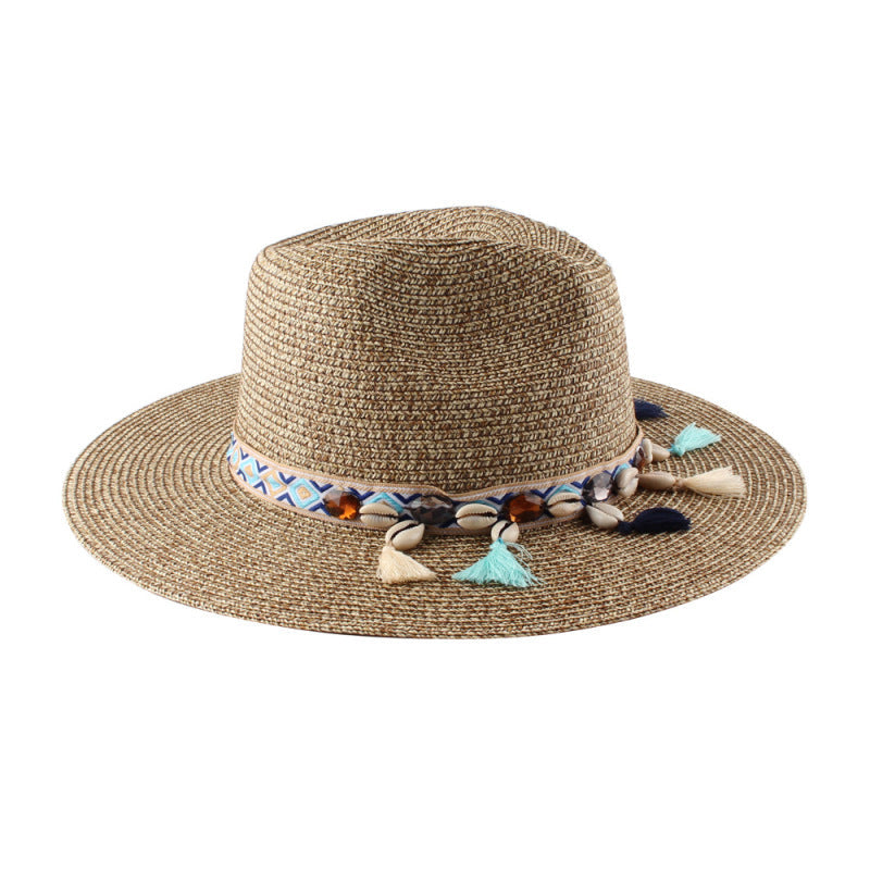 Sombrero bohemio de paja tejida de verano para mujer con borlas
