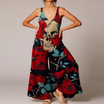 Combinaison vintage décontractée à imprimé tête de mort pour femme, style Halloween