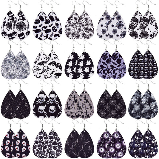 Halloween Women Fashion Leather Pumpkin Skull Earrings