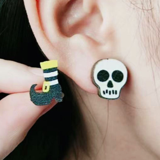 Halloween Women Fashion Wood Print Skull Earrings