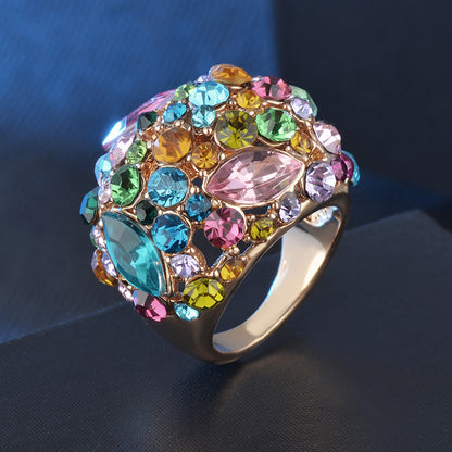 Bague en forme de U en zircon coloré exagéré pour femme, dorée