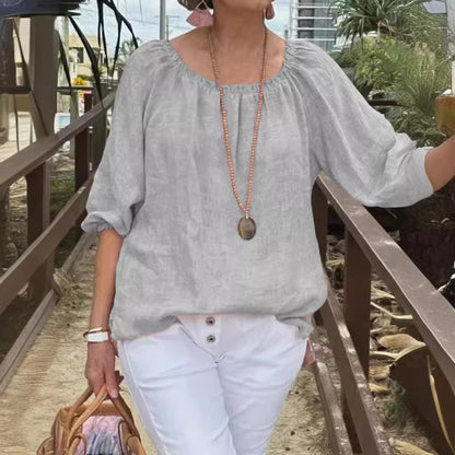 Top informal de lino y algodón con cuello redondo de color liso para mujer