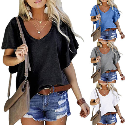 T-shirt basique à manches courtes et col en V pour femme, couleur unie, à volants