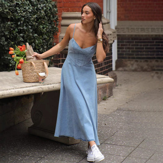 Women Fashion Sexy Sleeveless Spaghetti Strap Loose Denim Dress
