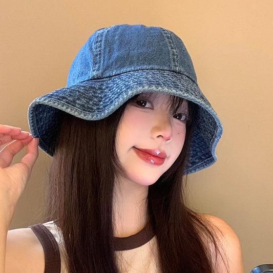 Women Fashion Wide Stripe Denim Bucket Hat in Blue Variants