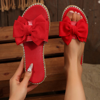 Pantuflas con lazo rojo para mujer - Zapatos planos informales con PU artificial