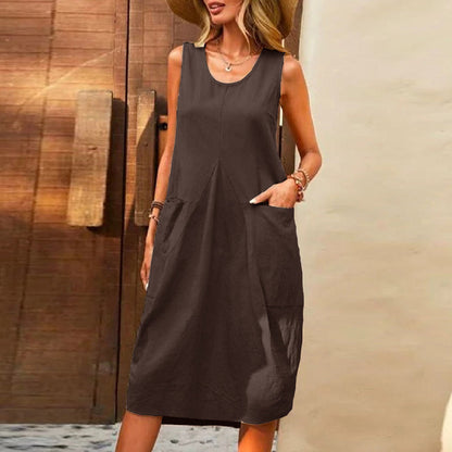 Vestido informal de lino y algodón de color liso sin mangas para mujer