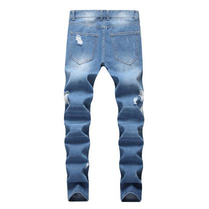 Men Casual Ripped Slim-Fit Straight Cotton Jeans