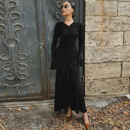 Vestido largo fruncido con escote en V y color liso para mujer