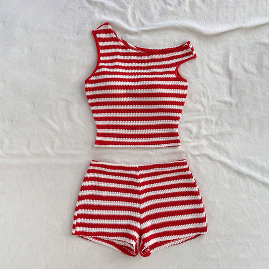 Women Fashion Sexy Stripe Tank Top Tight Short Two-Piece Set