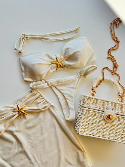 Traje de baño de tres piezas con hebilla de estrella de mar de color sólido sexy para mujer