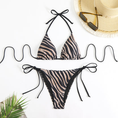 Maillot de bain bikini sexy imprimé dos nu à lacets pour femme en polyester