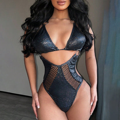 Traje de baño de bikini con cuello halter y aberturas de piel de serpiente negra sexy a la moda para mujer