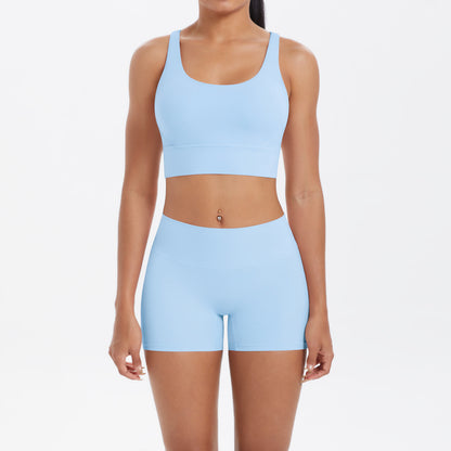 Women Casual Solid Color Tank Top and Tight Shorts Two-Piece Set for Yoga and Sports