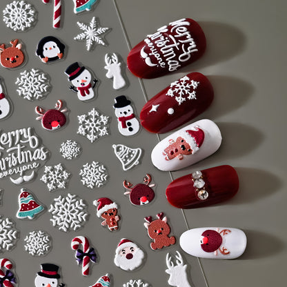 Pegatinas para uñas con relieve navideño de Papá Noel, muñeco de nieve y copos de nieve