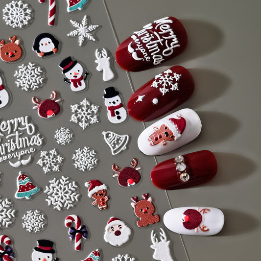 Autocollant pour ongles en relief motif Père Noël, bonhomme de neige et flocon de neige