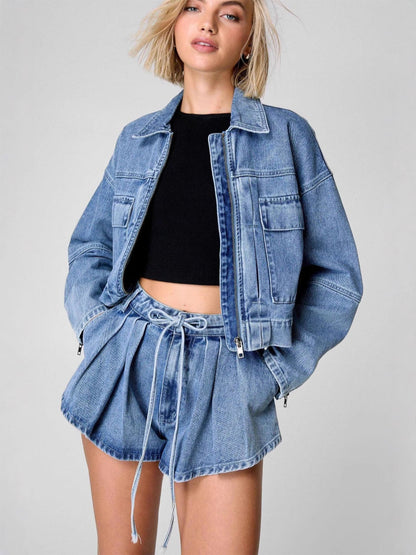 Women Fashion Casual Denim Lapel Long Sleeve Zipper Coat Two-Piece Set
