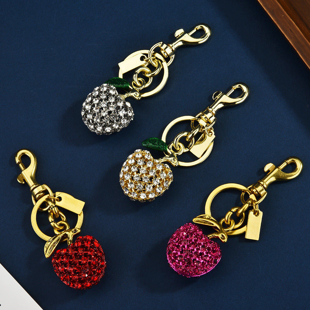 Women Fashion Metal Cute Rhinestone Apple Keychain