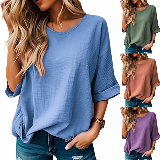 Summer Women Casual Round Neck Short Sleeve Blank T-Shirt