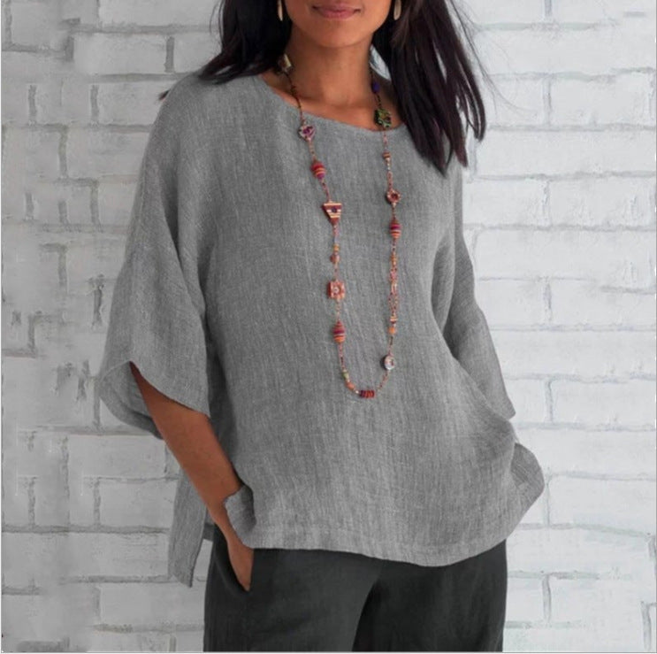 Blusa de algodón y lino con mangas tres cuartos para mujer