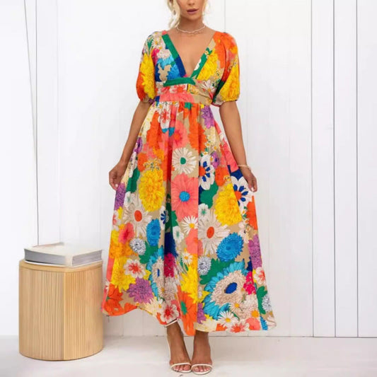 Women Casual Fashion Printed V-Neck Puff Sleeve Maxi Dress