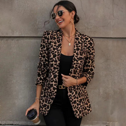 Manteau décontracté à manches longues en laine léopard pour femme