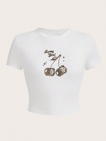 Women Fashion Sexy Cherry Print Short-Sleeve Slim-Fit T-Shirt