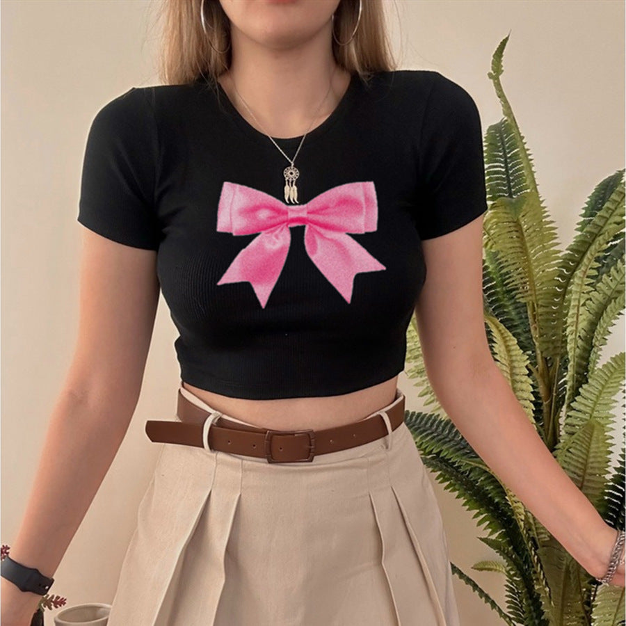 Camiseta corta con lazo de moda urbana para mujer, jersey de manga corta