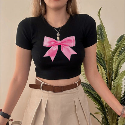 Camiseta corta con lazo de moda urbana para mujer, jersey de manga corta