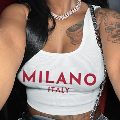 Women Fashion Sexy Letter Printed U-Neck Crop Top in Spandex