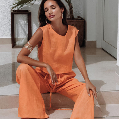Women Fashion Solid Color Cotton Linen Two-Piece Set