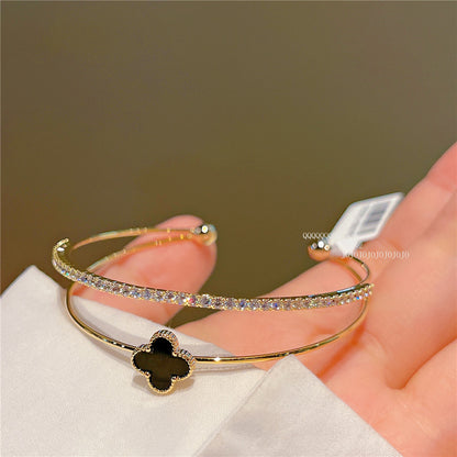 Chic Double Layer Black Four Leaves Clover Bangle