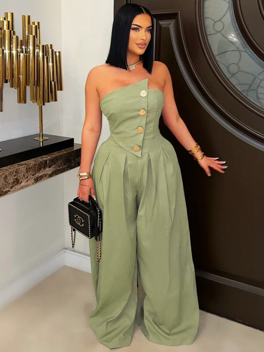 Women Fashion Solid Color Strapless Jumpsuits
