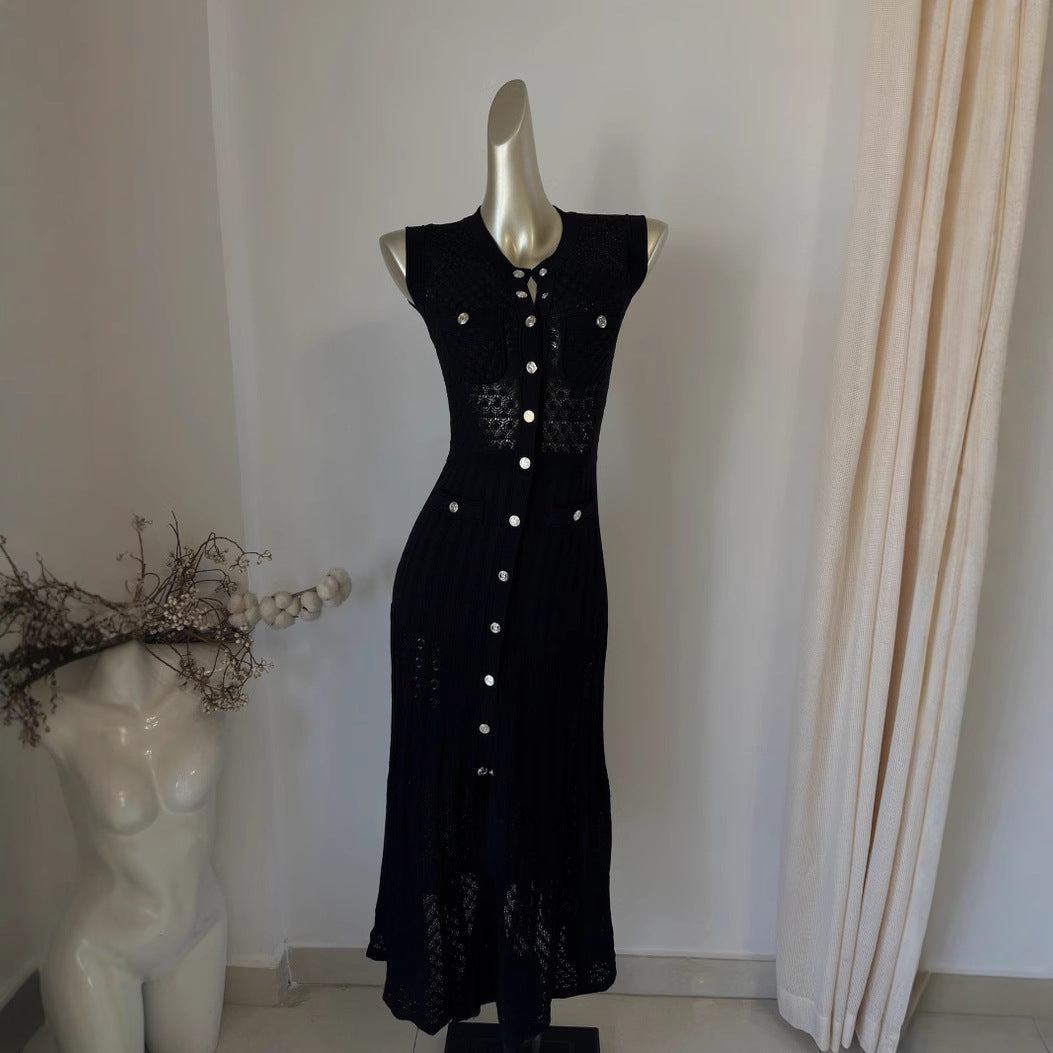 Vestido elegante de punto sin mangas con aberturas para mujer - Midi de poliéster de moda