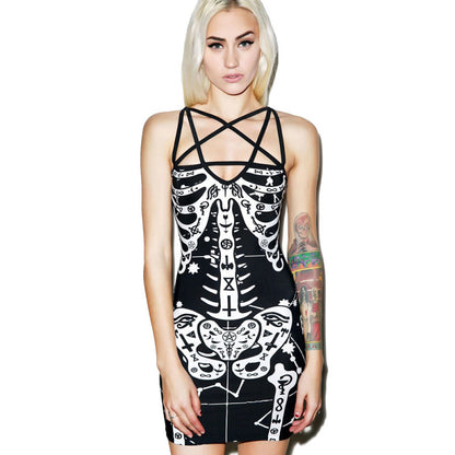Vestido sexy punk de Halloween con calavera y huesos cruzados para mujer