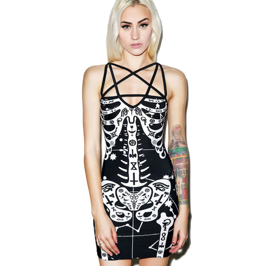Women Sexy Punk Halloween Cross Skull Bones Dress