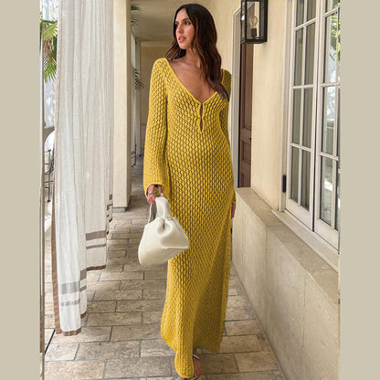 Vestido playero de punto con cuello en V para mujer, ideal para el tiempo libre en verano