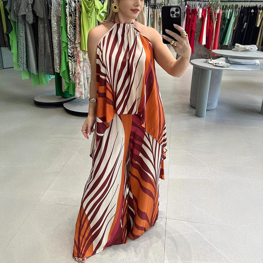 Conjunto de dos piezas de top y pantalón con estampado informal de verano para mujer